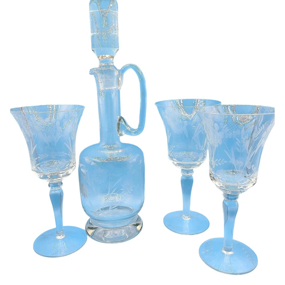 RARE VTG 70s Leonard Silver Summerfield Etched Crystal Handled Carafe Set